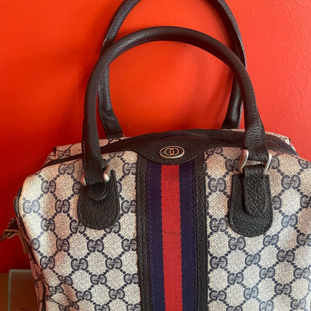 Vintage Gucci GG Supreme Plus Boston Blue Canvas Bag